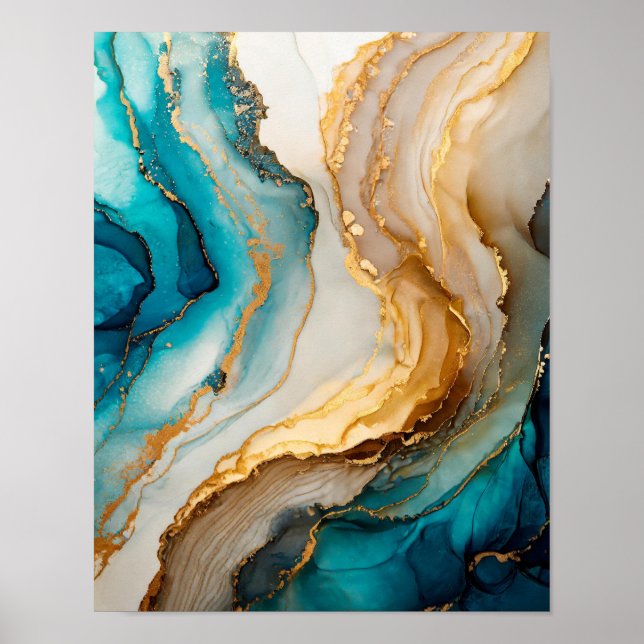 Elegant Blue White Gold Chic Agate Marble Poster (Front)