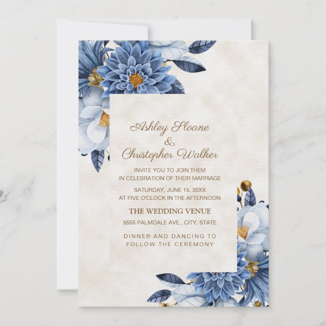 Elegant Blue White Gold Floral Wedding Invitation (Front)