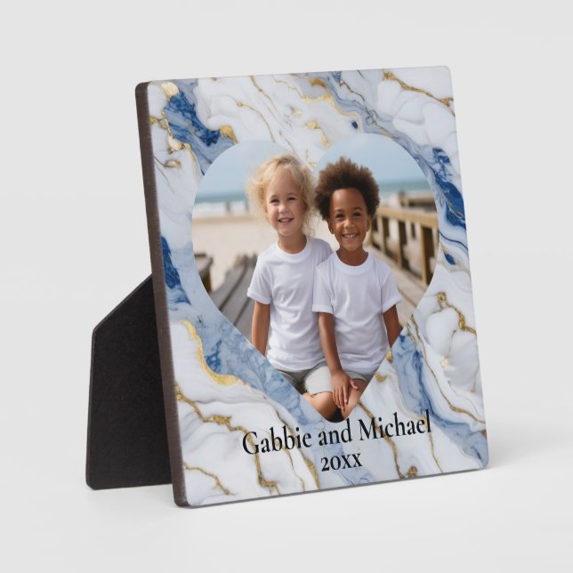 Elegant blue white gold marble photo template plaque (Front)