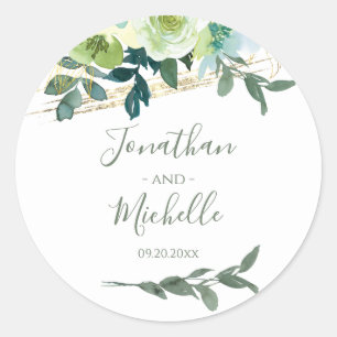 Elegant Blue White Gold Turquoise Floral Wedding Classic Round Sticker
