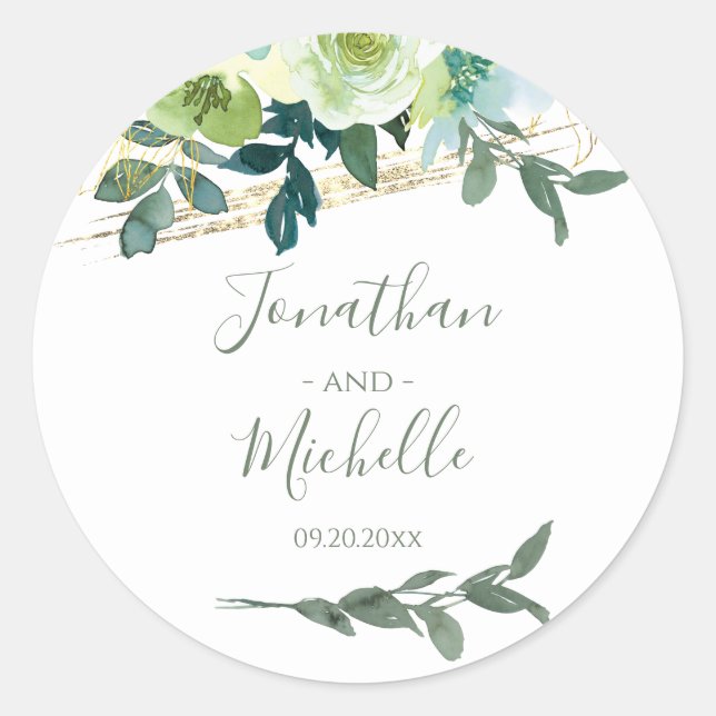 Elegant Blue White Gold Turquoise Floral Wedding Classic Round Sticker (Front)