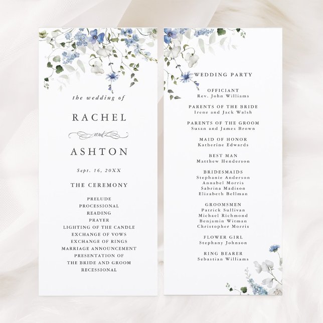 Elegant Blue White Green Floral Wedding Ceremony Programme (Front & Back)