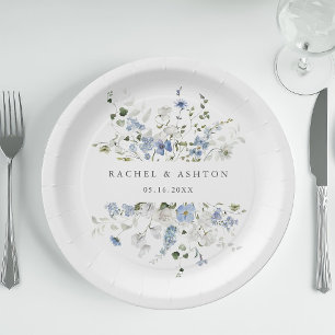 Elegant Blue White Green Floral Wedding Paper Plate