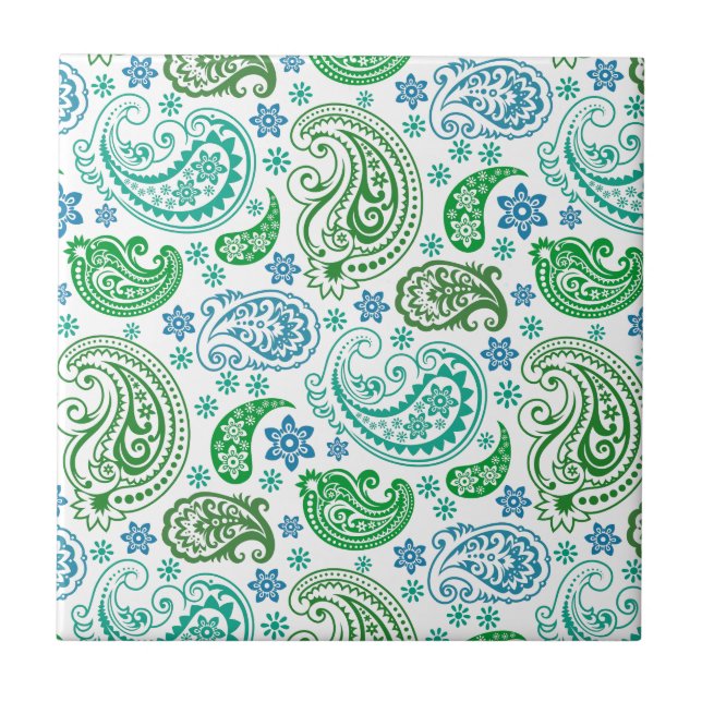 Elegant Blue White & Green Vintage Paisley Tile (Front)