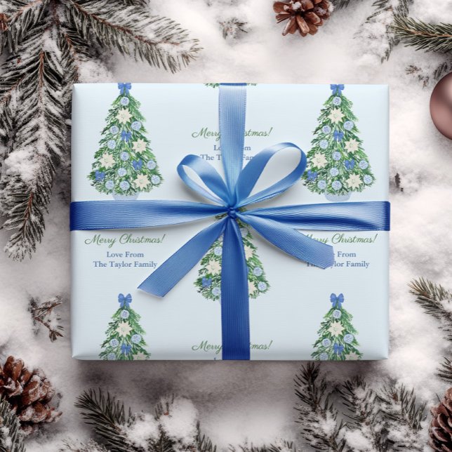 Elegant Blue & White Holidays Tree Merry Christmas Wrapping Paper (Elegant wrapping paper with Christmas tree ornately decorated in blue & white chinoiserie poinsettia)