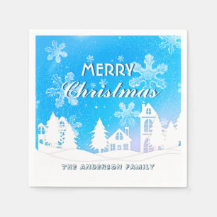 Elegant Blue White House Snowflakes Merry Xmas Napkin