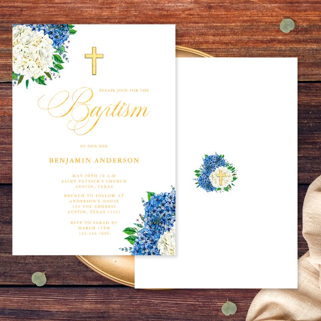 Elegant Blue White Hydrangeas Gold Cross Baptism Invitation (Front/Back)