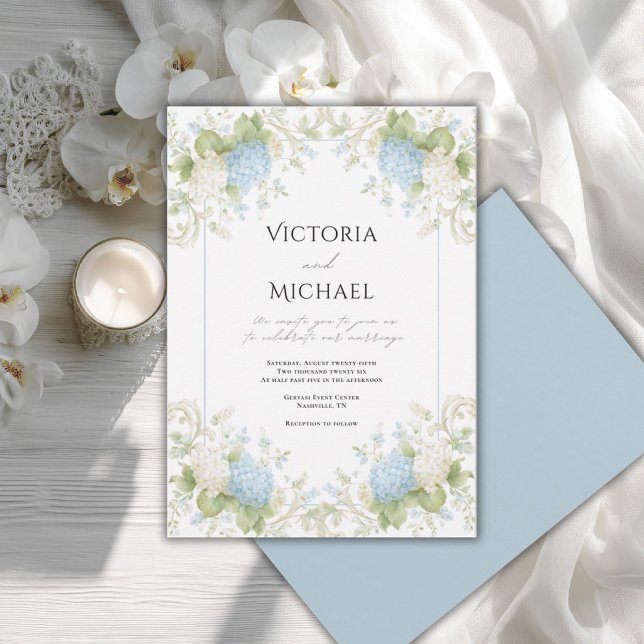 Elegant Blue White Hydrangeas Vintage Wedding Invitation (Creator Uploaded)