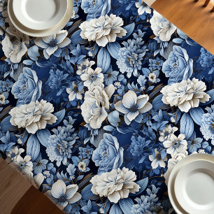 Elegant Blue White Ivory Floral Luxury Tablecloth