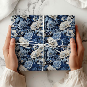 Elegant Blue White Ivory Floral Luxury Wrapping   Paper