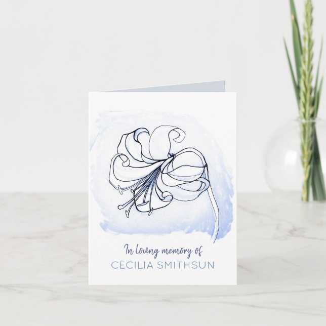Elegant Blue & White Lily Loving Memory Sympathy Holiday Card (Front)