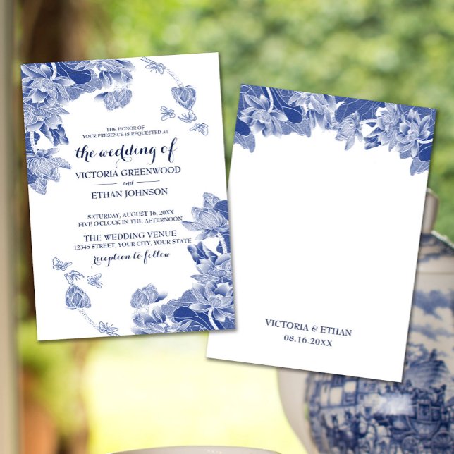 Elegant Blue White Lotus Chinoiserie Chic Wedding  Invitation (Creator Uploaded)
