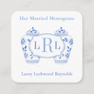 Elegant Blue White Married Monograms Bridal Shower Enclosure Card