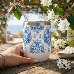 Elegant Blue White Mediterranean Damask Pattern
