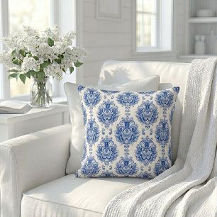 Elegant Blue White Mediterranean Damask Pattern Cushion