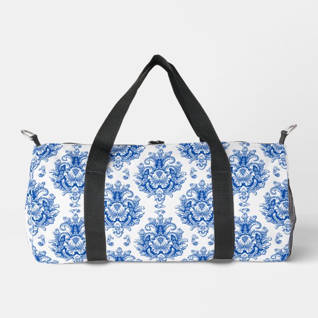Elegant Blue White Mediterranean Damask Pattern Duffle Bag (Front)