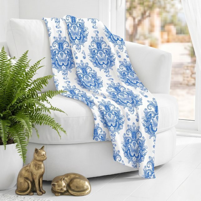 Elegant Blue White Mediterranean Damask Pattern Fleece Blanket (Creator Uploaded)
