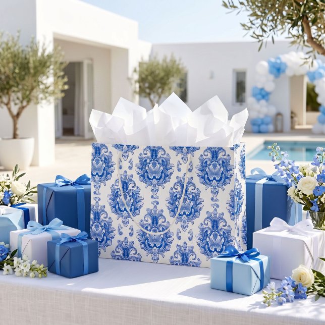Elegant Blue White Mediterranean Damask Pattern Large Gift Bag (Creator Uploaded)