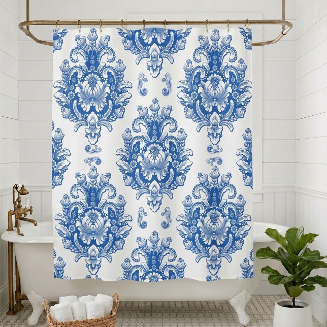 Elegant Blue White Mediterranean Damask Pattern Shower Curtain (Creator Uploaded)