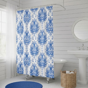 Elegant Blue White Mediterranean Damask Pattern Shower Curtain