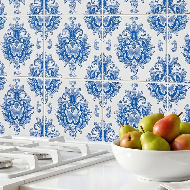 Elegant Blue White Mediterranean Damask Pattern Tile (Creator Uploaded)
