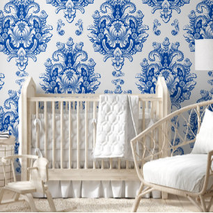 Elegant Blue White Mediterranean Damask Pattern Wallpaper