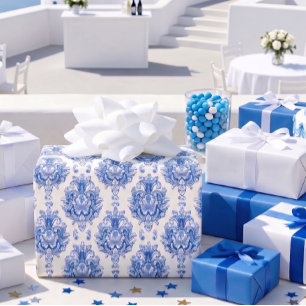 Elegant Blue White Mediterranean Damask Pattern Wrapping Paper