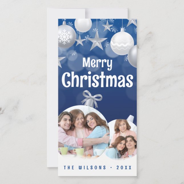 Elegant Blue, White Merry Christmas 2 Family Photo Holiday Card (Front)