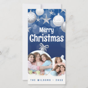 Elegant Blue, White Merry Christmas 2 Family Photo Holiday Card