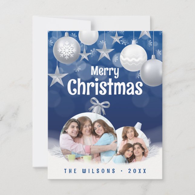 Elegant Blue, White Merry Christmas 2 Family Photo Holiday Card (Front)