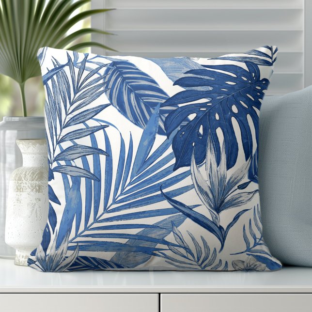 Elegant Blue White Palm Leaves Throw Pillow (Elevate Your Décor: Discover our Elegant Coastal Throw Pillows in Blue & White)