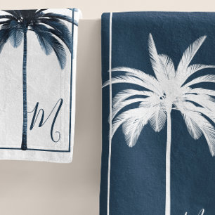 Elegant Blue & White Palm Tree Monogram Bath Towe Towel Set
