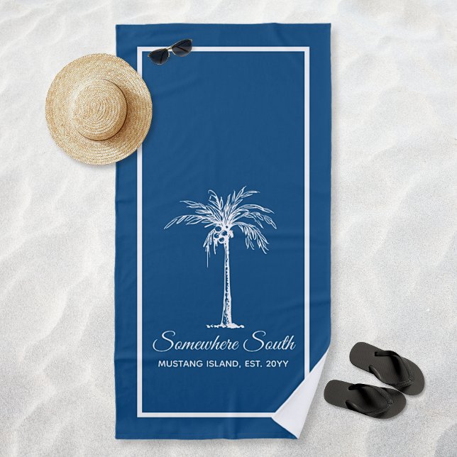 Elegant Blue White Palm Tree Personalised Beach Towel (Elegant Blue White Palm Tree Personalized Beach Towel)