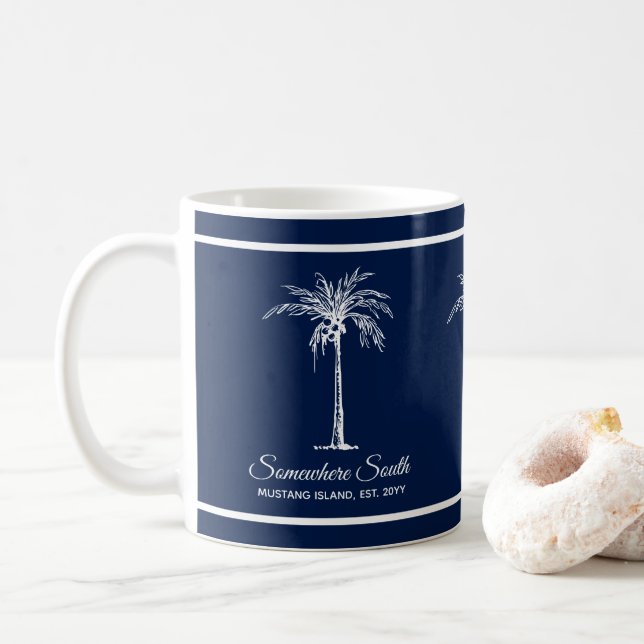 Elegant Blue White Palm Tree Personalised Coffee Mug (With Donut)