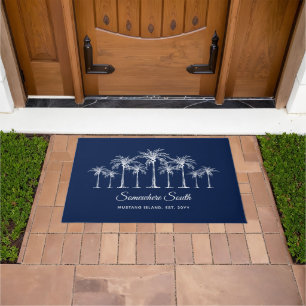 Elegant Blue White Palm Trees Personalised Doormat