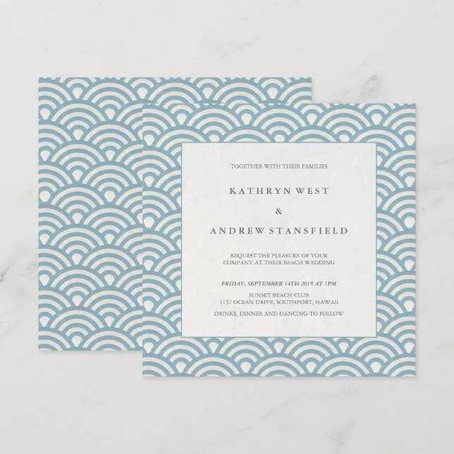 Elegant Blue + White Patterned Wedding Invitation (Front/Back)
