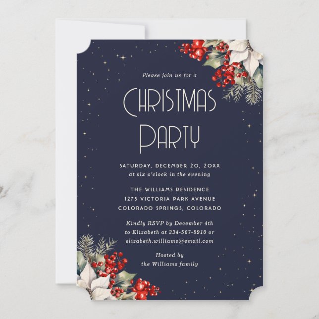 Elegant Blue White Poinsettia Christmas Party Invitation (Front)