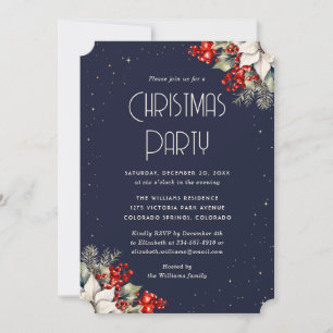Elegant Blue White Poinsettia Christmas Party Invitation