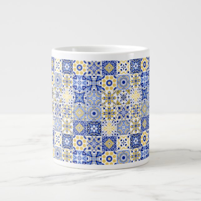 Elegant blue& white Portuguese Azulejo pattern  Large Coffee Mug (Front)