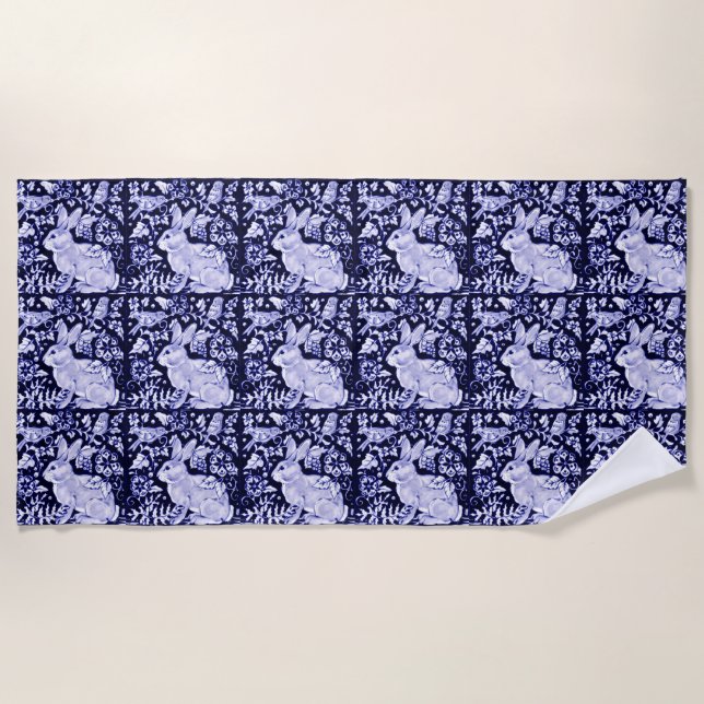 Elegant Blue White Rabbit Bunnt Bird Floral Delft Beach Towel (Front)