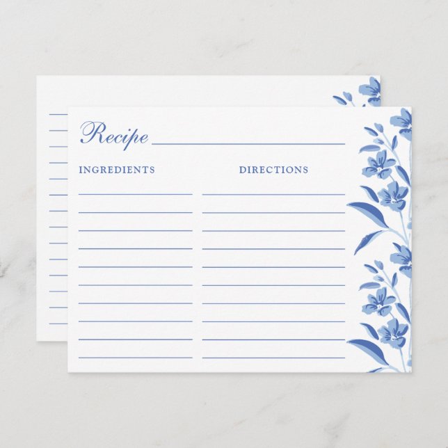 Elegant Blue & White Recipe Cards (Front/Back)