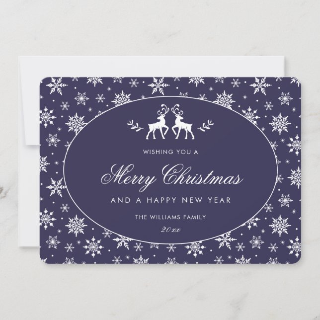 Elegant Blue White Reindeer Snowflakes Christmas Holiday Card (Front)