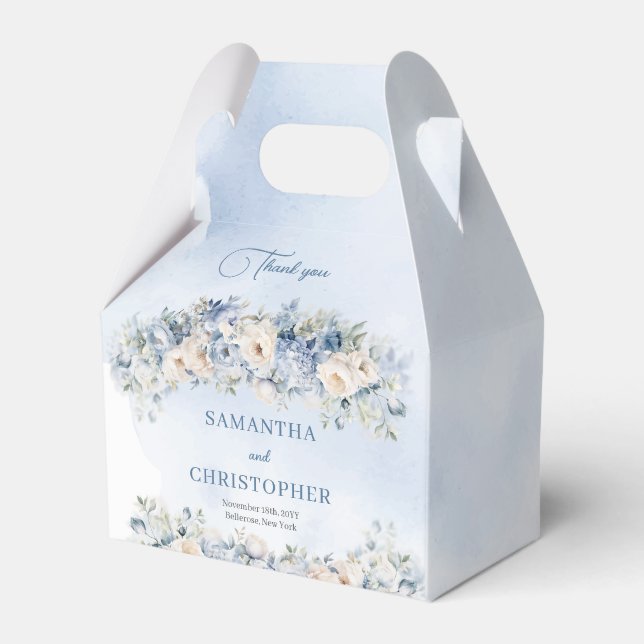 Elegant blue & white roses eucalyptus gold wedding favour box (Front Side)