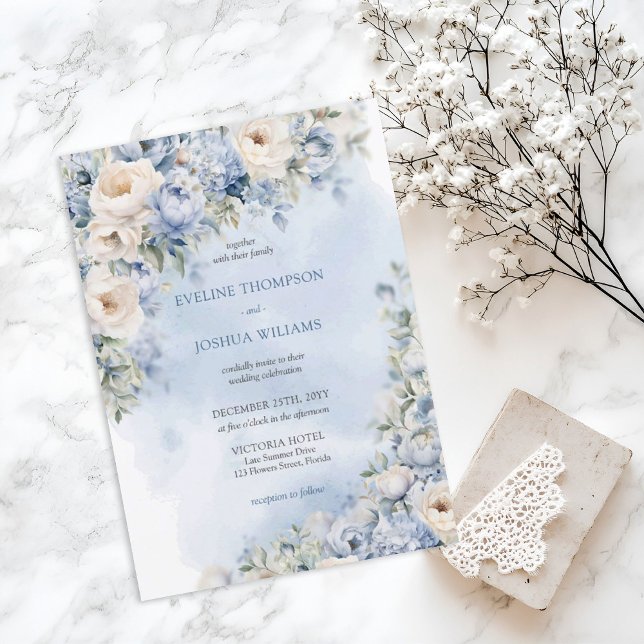Elegant blue & white roses eucalyptus gold wedding invitation (Watercolor light blue and white roses greenery wedding digital invitation)