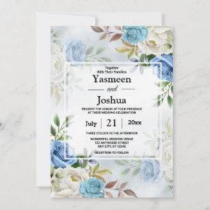 Elegant Blue & White Roses Floral Wedding Invitation