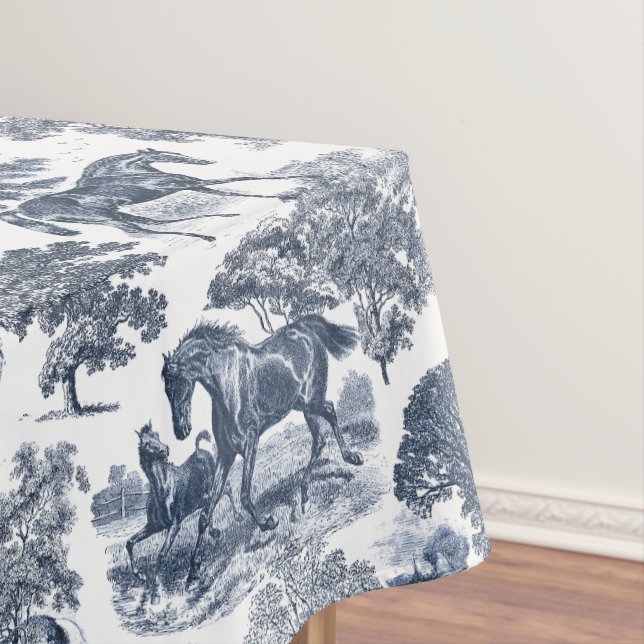Elegant Blue White Rustic Horses Toile Tablecloth (In Situ)