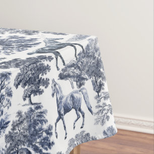Elegant Blue White Rustic Horses Toile Tablecloth
