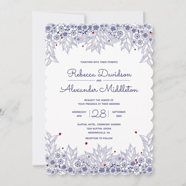Elegant Blue White Scalloped Wedding Invitation (Front)