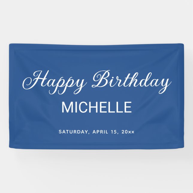 Elegant Blue White Script Happy Birthday Banner (Horizontal)