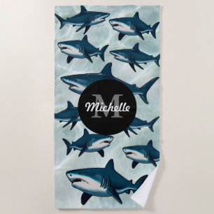 Elegant blue white shark Personalised Monogram   Beach Towel